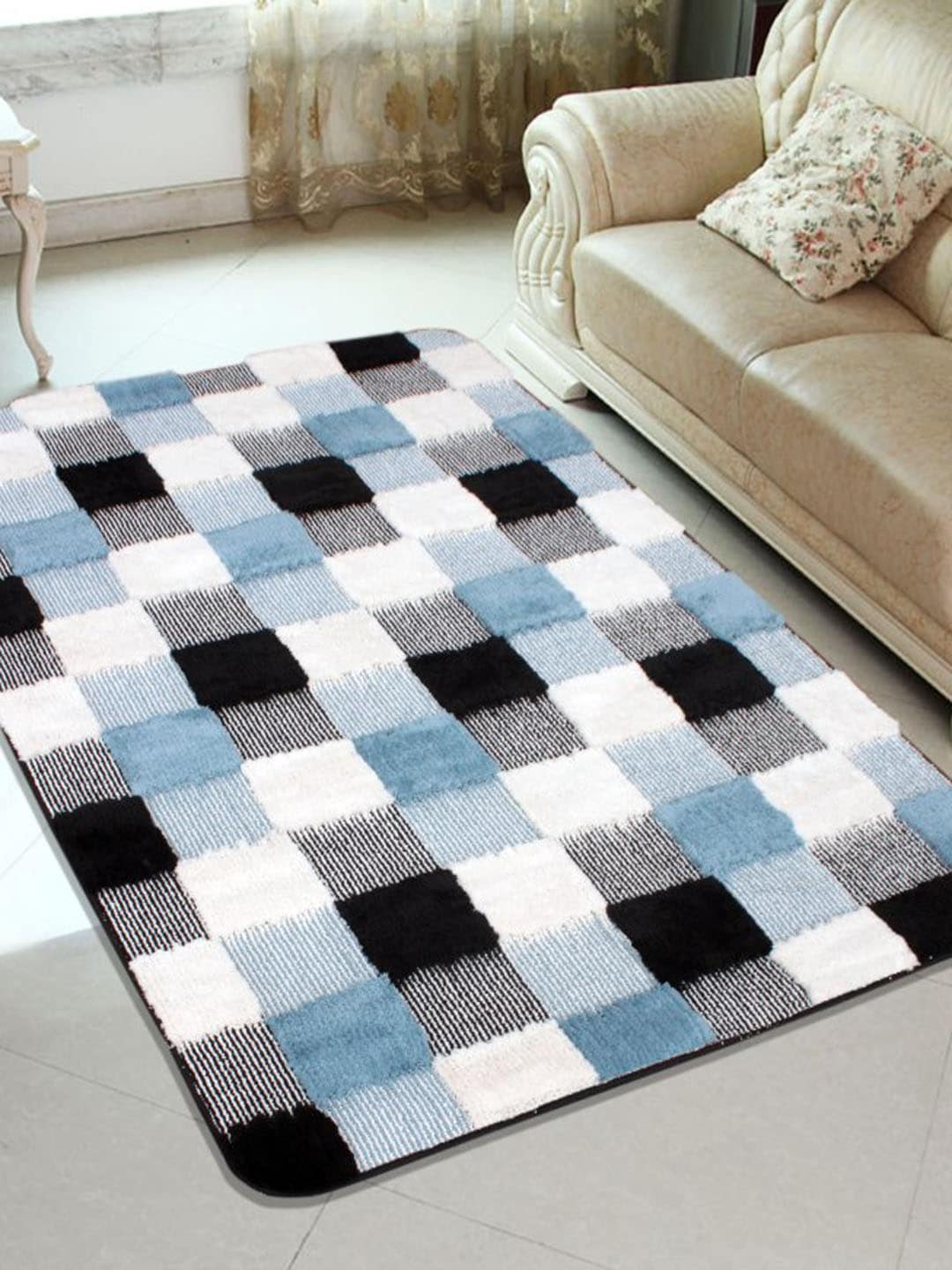 Saral Home Blue & White Checked Carpet Price in India