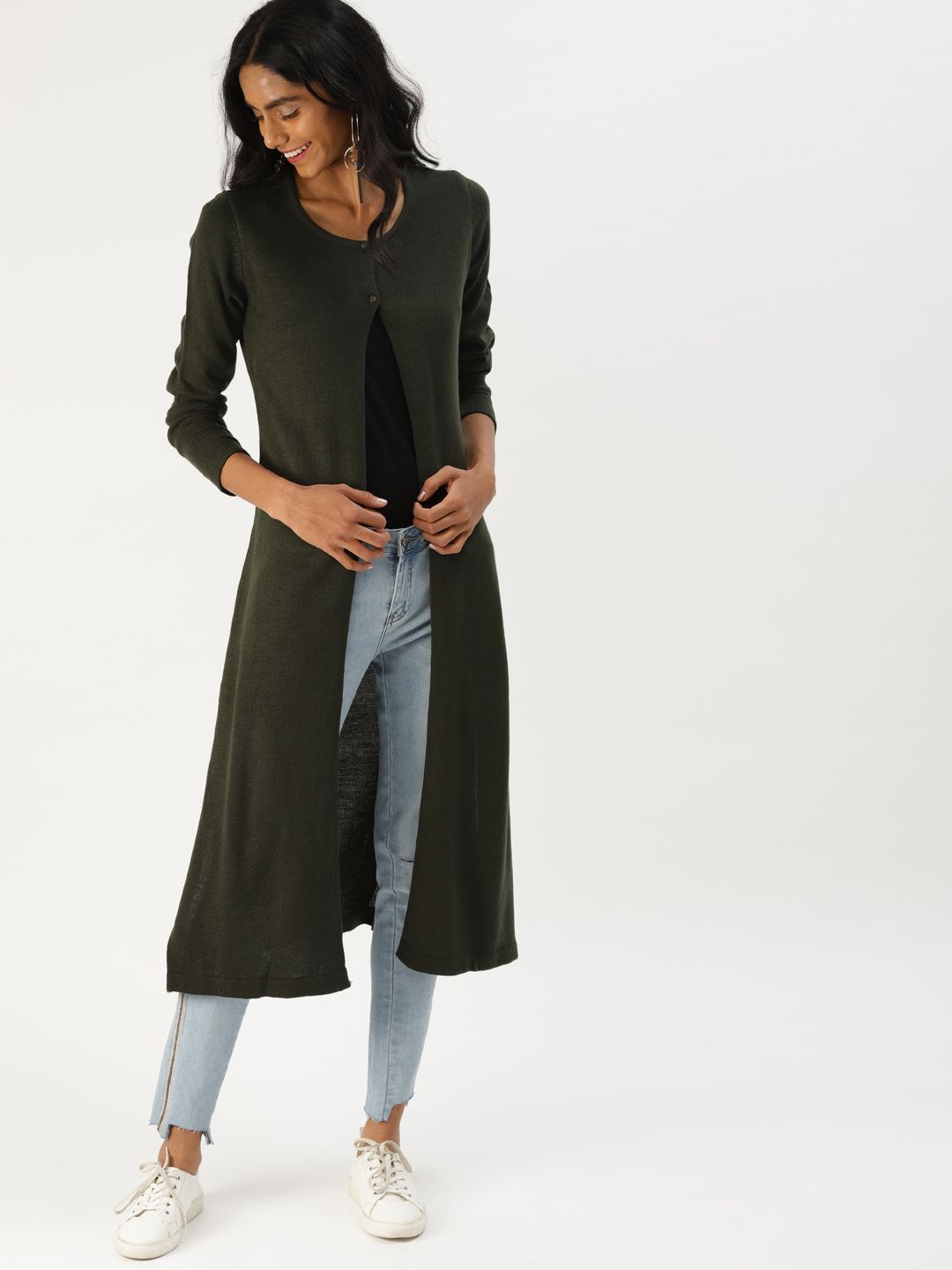 DressBerry Women Olive Green Solid Front-Open Longline Sweater Price in India