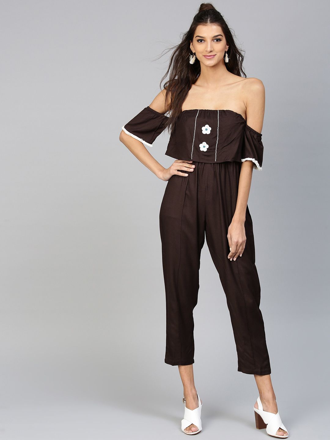 SASSAFRAS Brown Solid Layered Basic Jumpsuit Price in India