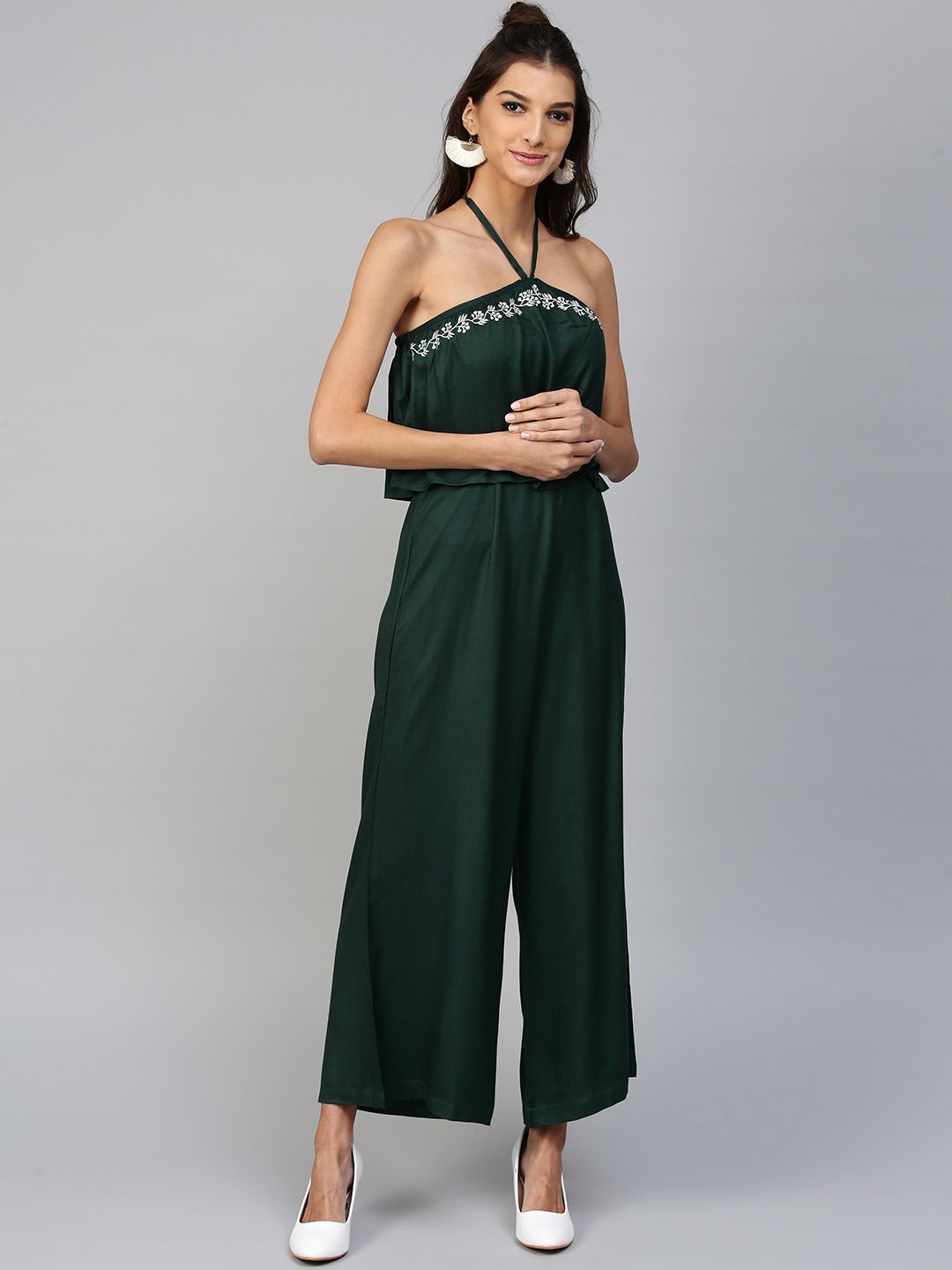 SASSAFRAS Green Solid Layered Basic Jumpsuit Price in India