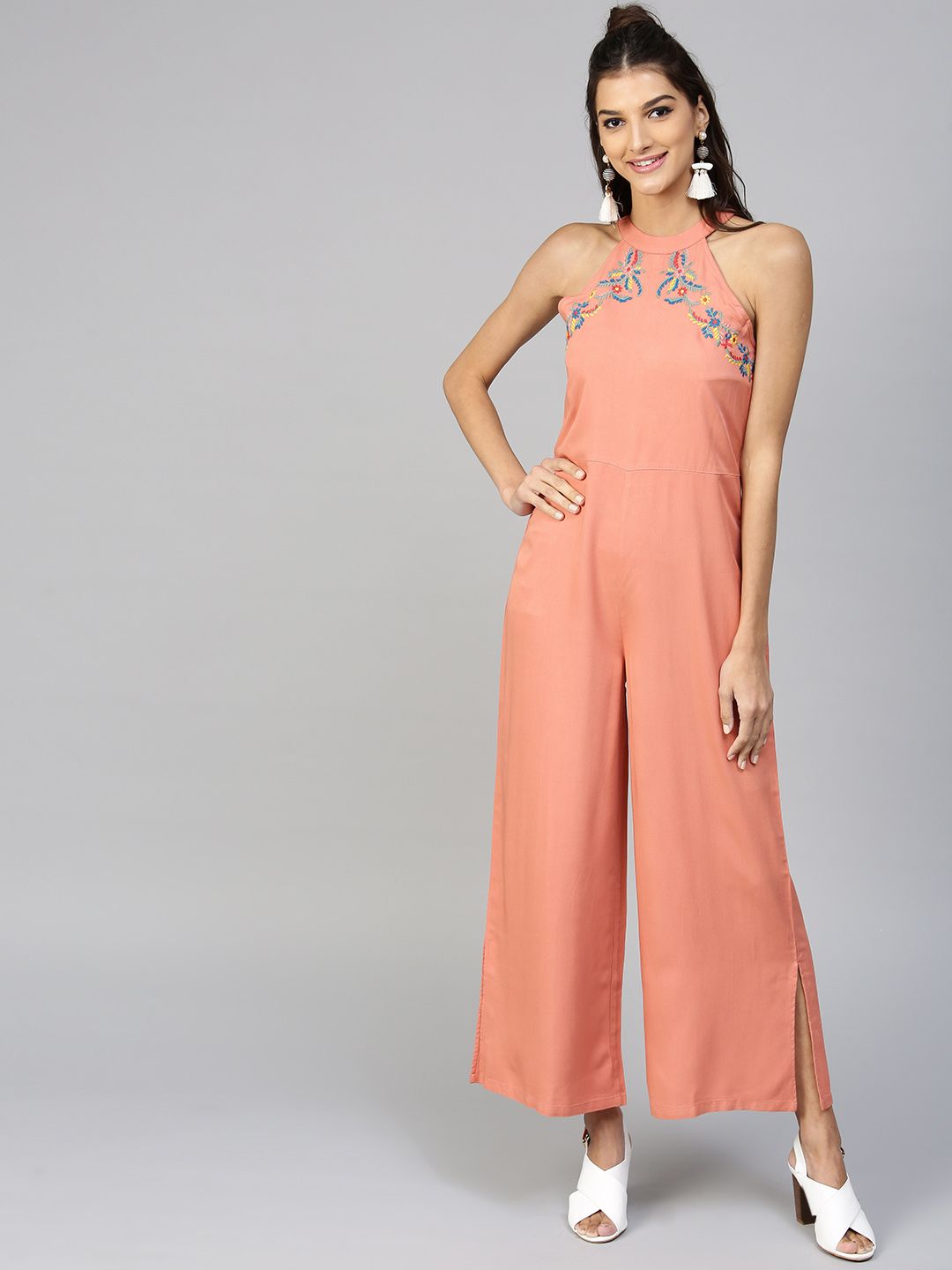 SASSAFRAS Peach-Coloured Solid Basic Jumpsuit Price in India