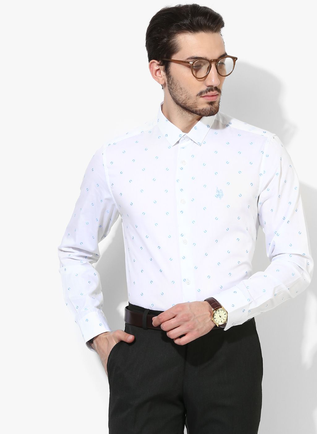 White Printed Slim Fit Formal Shirt