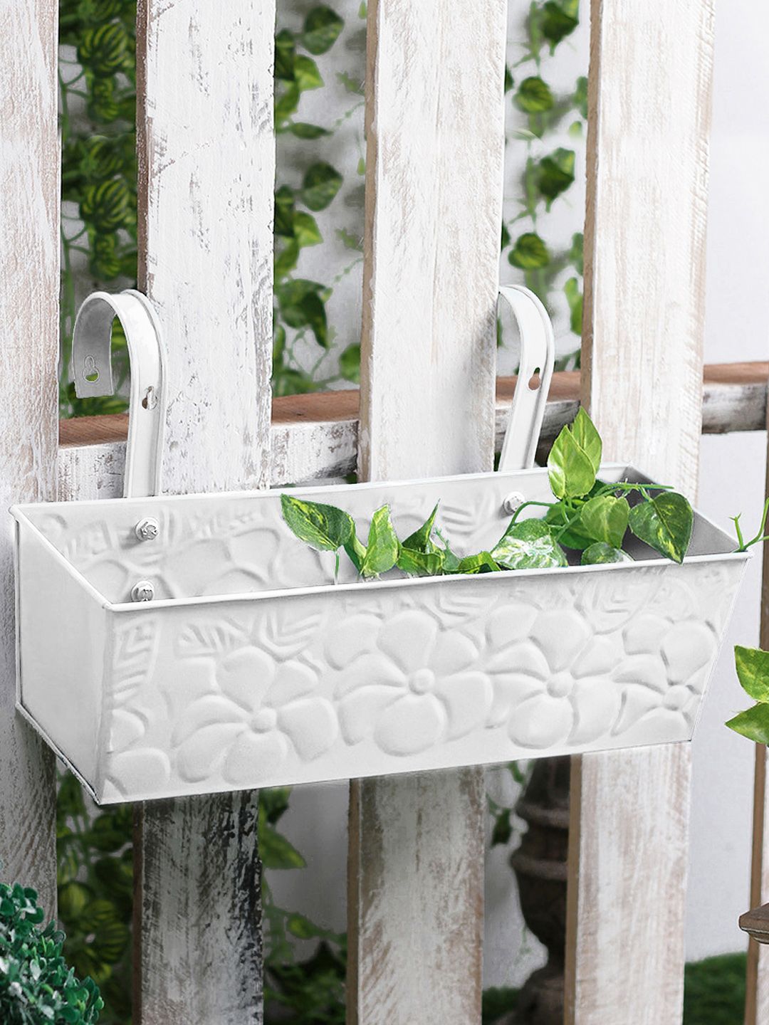 green girgit White Metal Embossed Rectangular Pot Planter Price in India