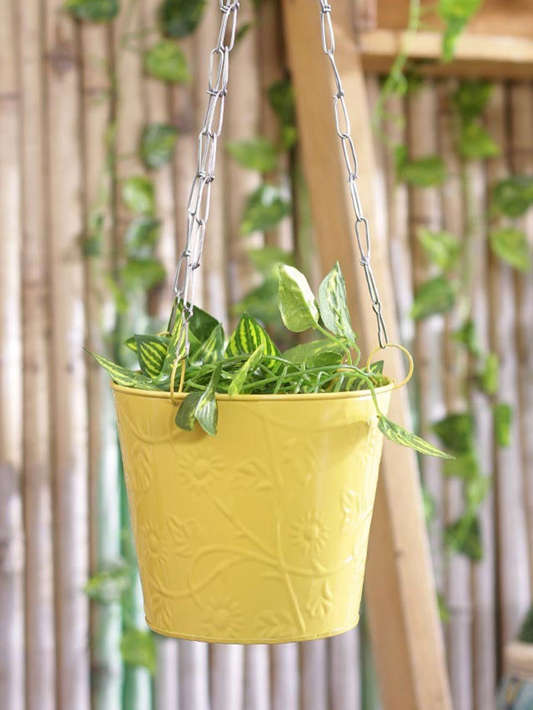 green girgit Yellow Metal Hanging Bucket Planter Price in India