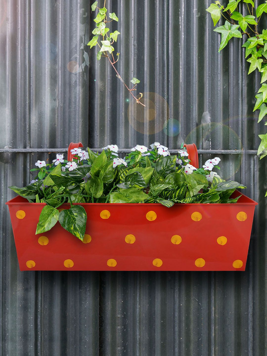 green girgit Red & Yellow Metal Polka Dot Printed Rectangular Planter Price in India