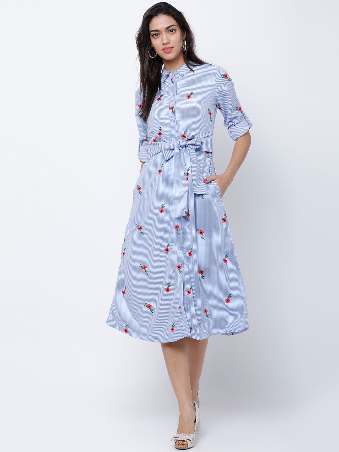 tokyo talkies navy blue printed shirt dress