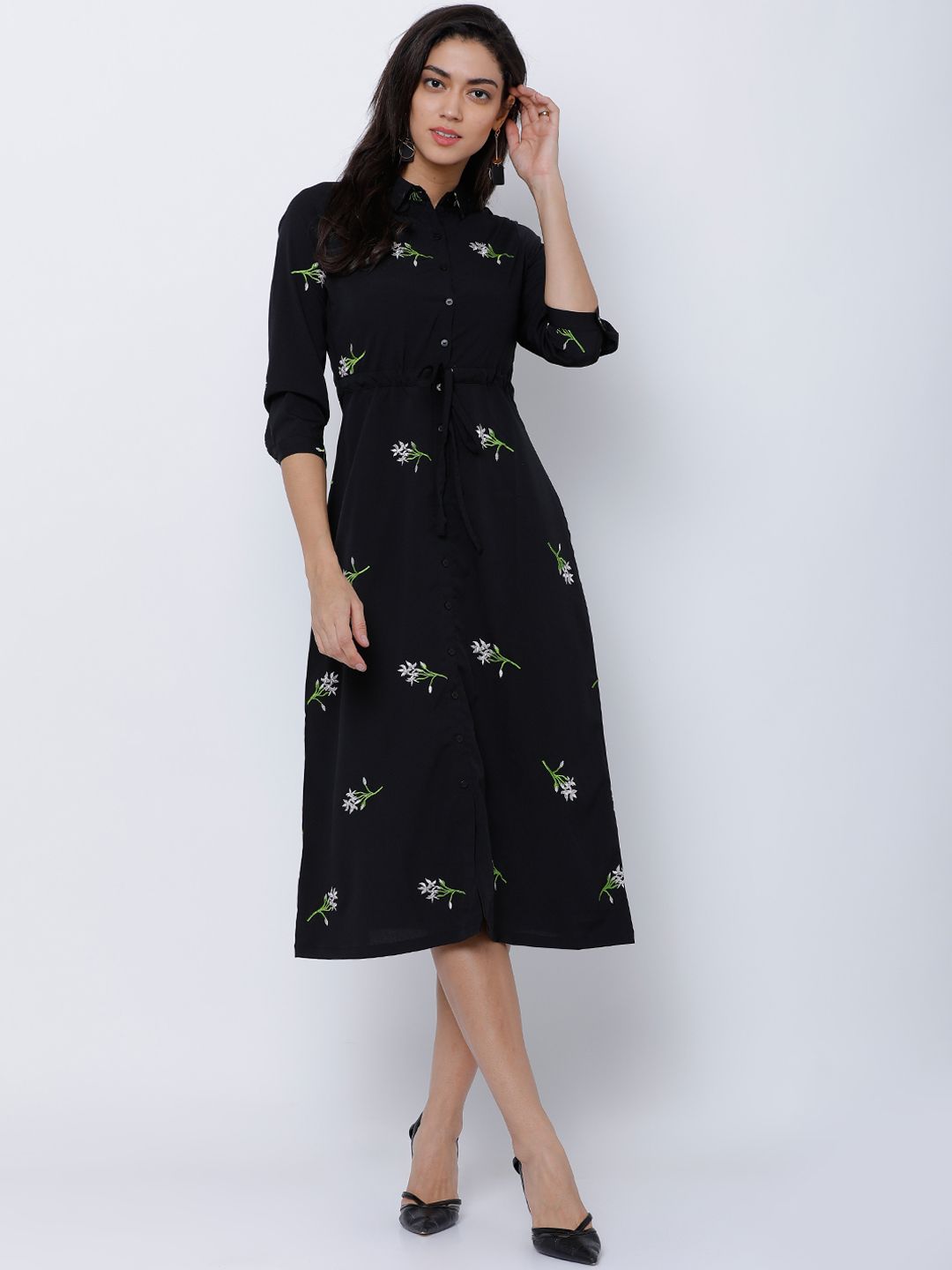 tokyo talkies navy blue printed shirt dress