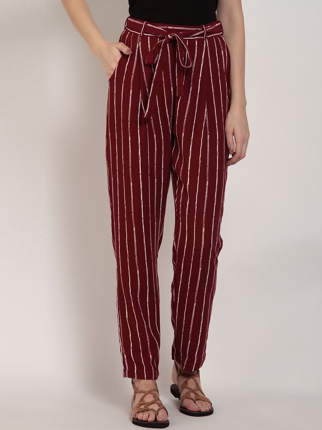 RARE Women Maroon & White Regular Fit Striped Trousers Price in India