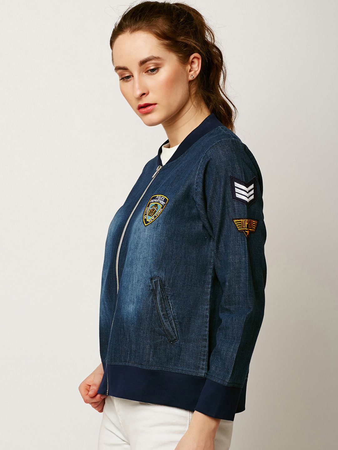 Miss Chase Women Navy Blue Faded Solid Denim Bomber Price in India