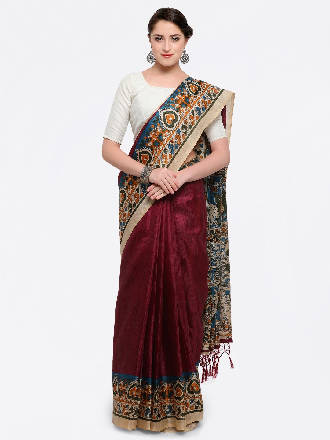 Saree mall Women Maroon Silk Blend Printed Khadi Saree Price in India