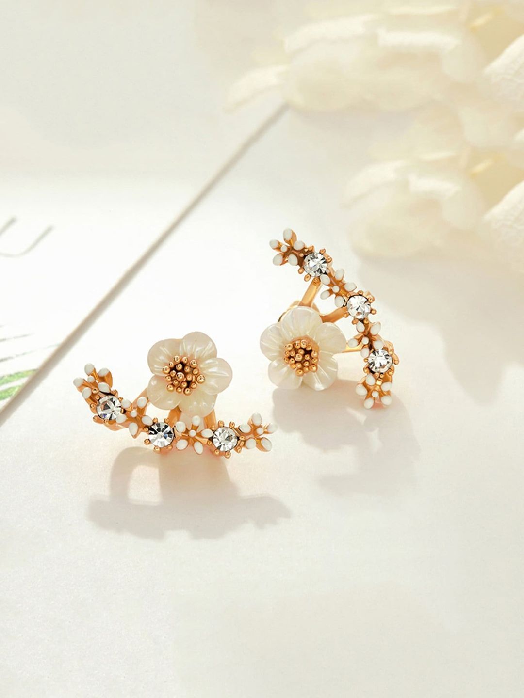 OOMPH Gold-Toned & White Floral Studs Price in India