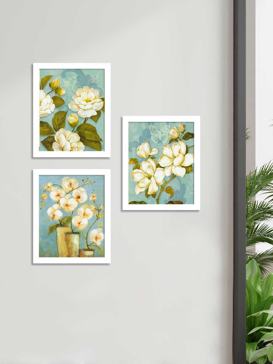 Art Street Set of 3 White & Blue Floral Printed Wall Art Price in India