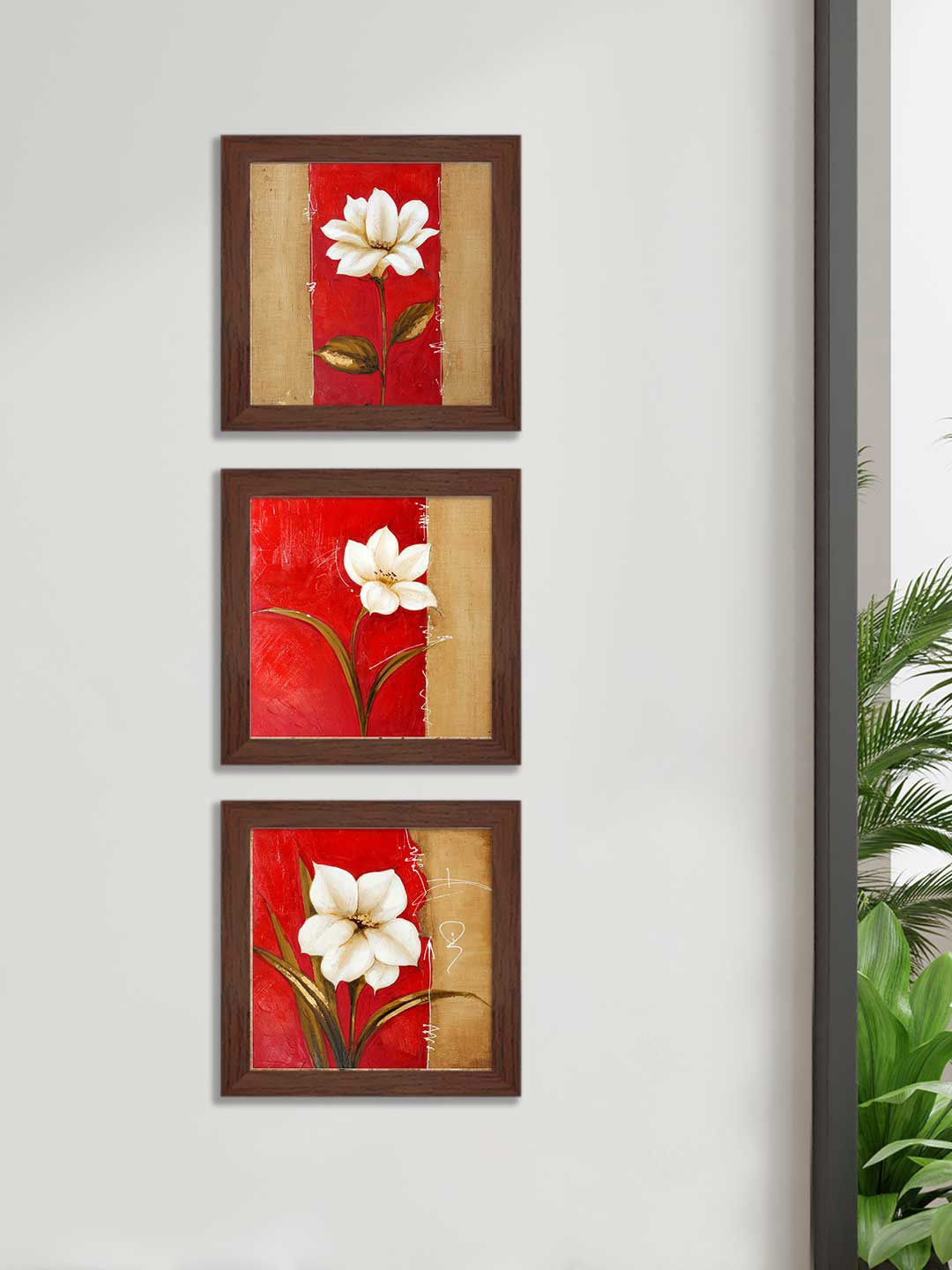 Art Street Brown & Red Floral and Botanical Set of 3 Printed Wall Art Price in India