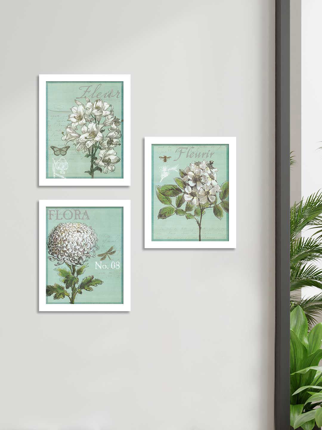 Art Street White & Green Floral and Botanical Set of 3 Printed Wall Art Price in India