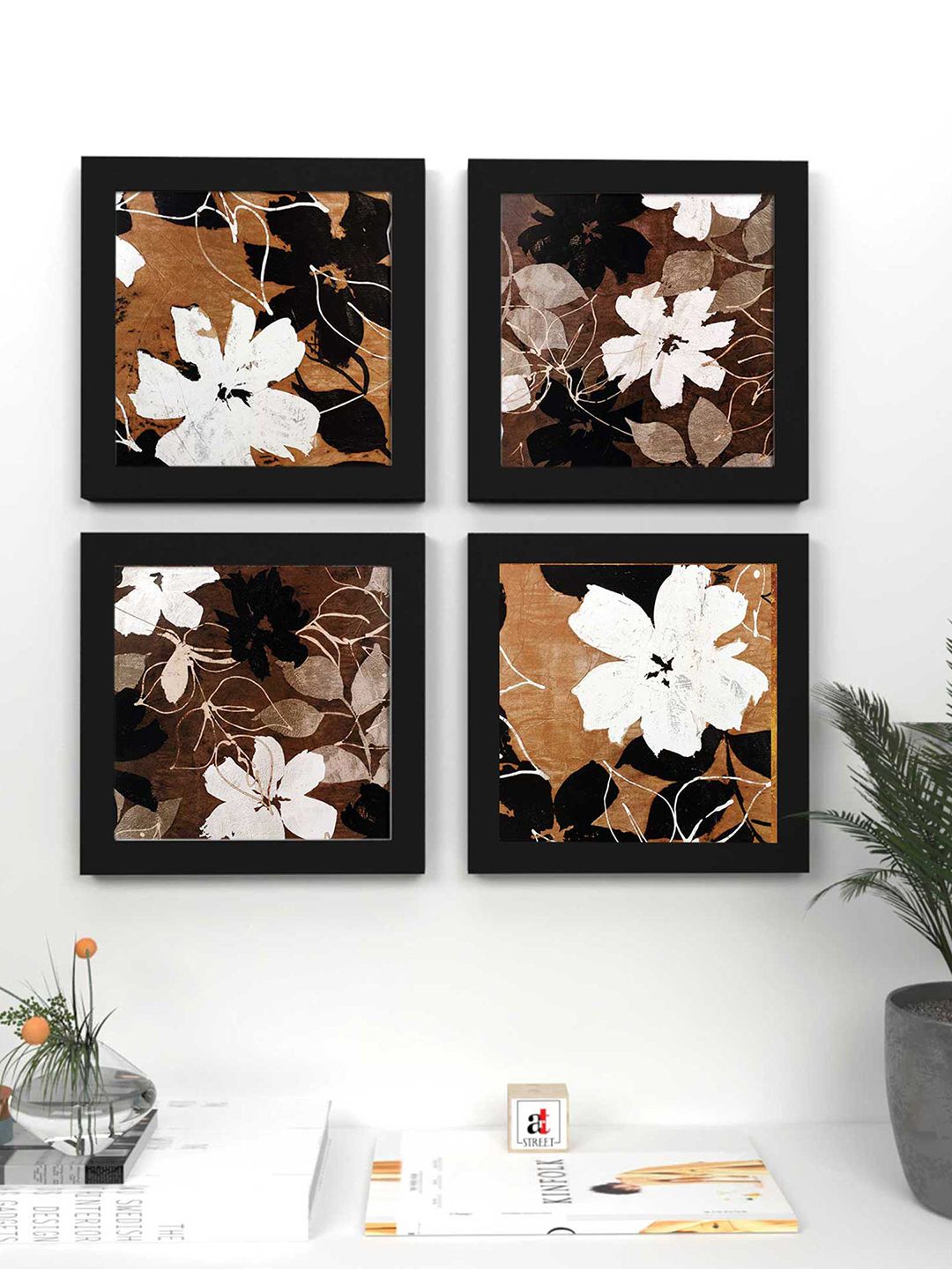 Art Street Black & Brown Floral and Botanical Printed Set of 4 Wall Art Price in India