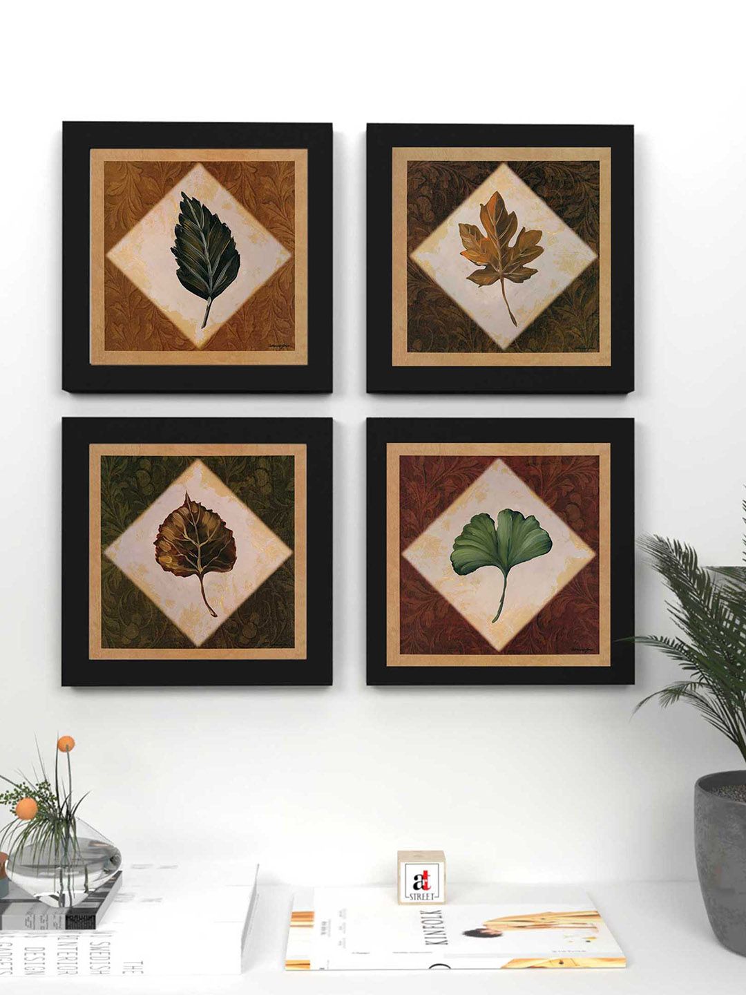 Art Street Black & Brown Floral and Botanical Printed Set of 4 Wall Art Price in India