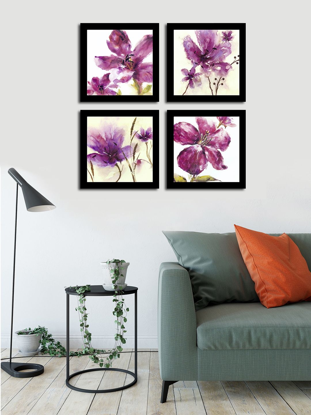 Art Street Pink & Black Floral and Botanical Printed Set of 4 Wall Art Price in India