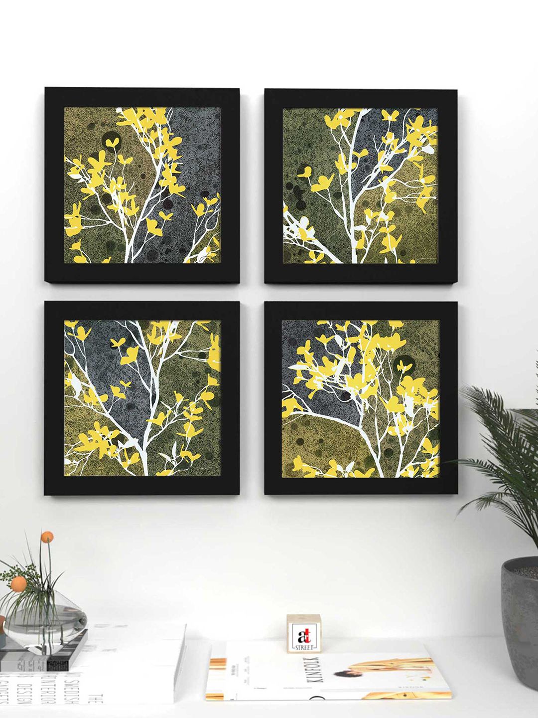 Art Street Set of 4 Yellow & Grey Floral and Botanical Printed Wall Art Price in India