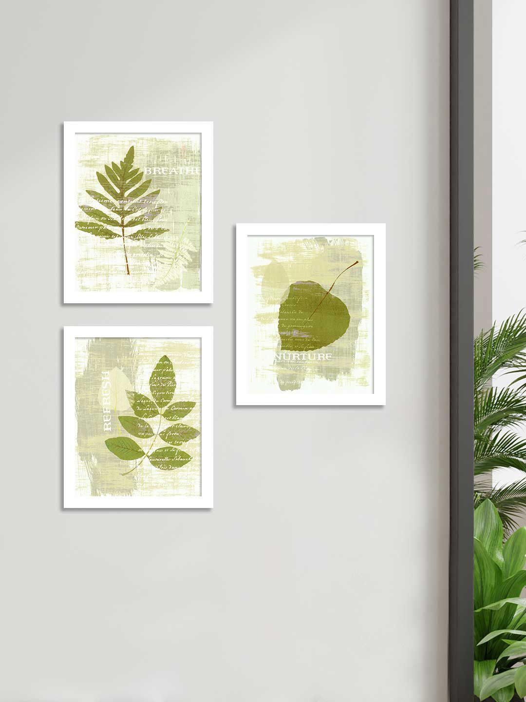 Art Street White & Green Floral and Botanical Printed Set of 3 Wall Art Price in India