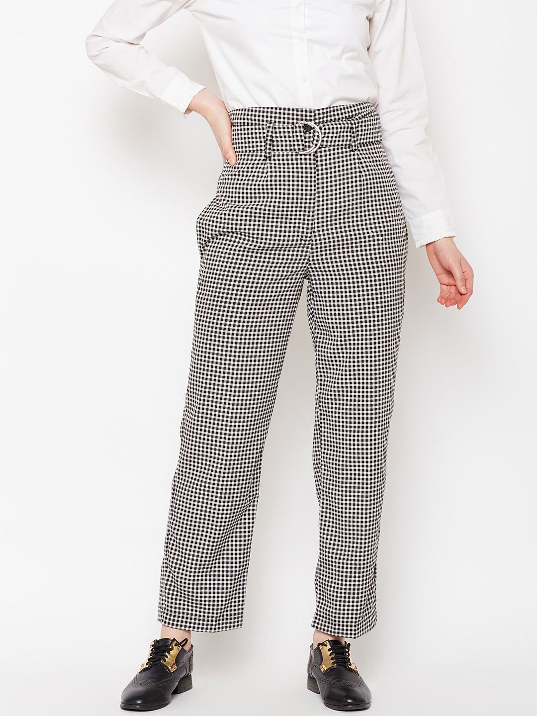 Popnetic Women Black Checked Parallel Trousers Price in India