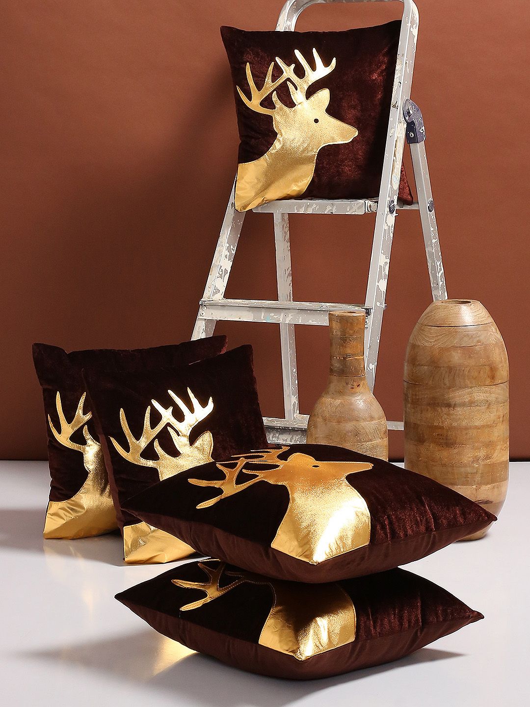 ROMEE Brown Set of 5 Abstract Square Cushion Covers Price in India