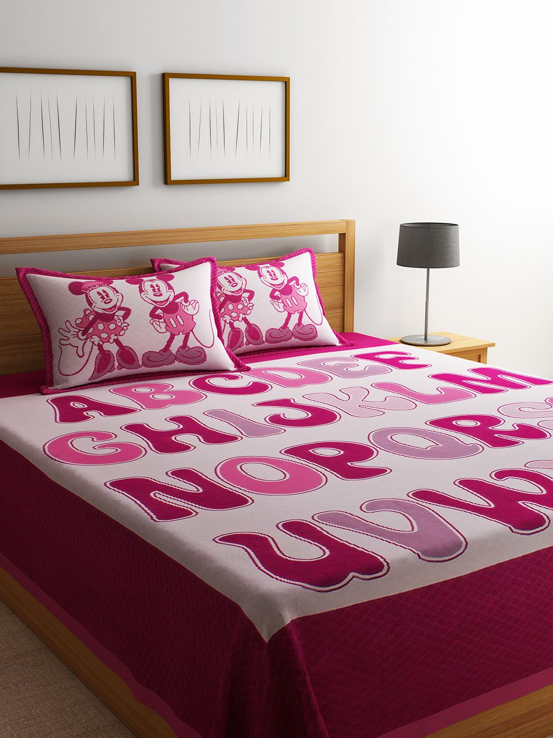 Romee Pink & White Printed Reversible 220 TC Bed Cover With 2 Pillow Covers Price in India