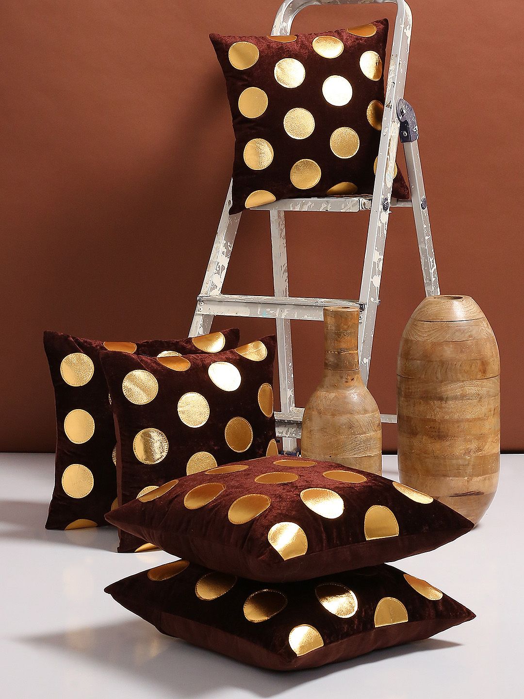 ROMEE Brown Set of 5 Geometric Square Velvet Cushion Covers Price in India