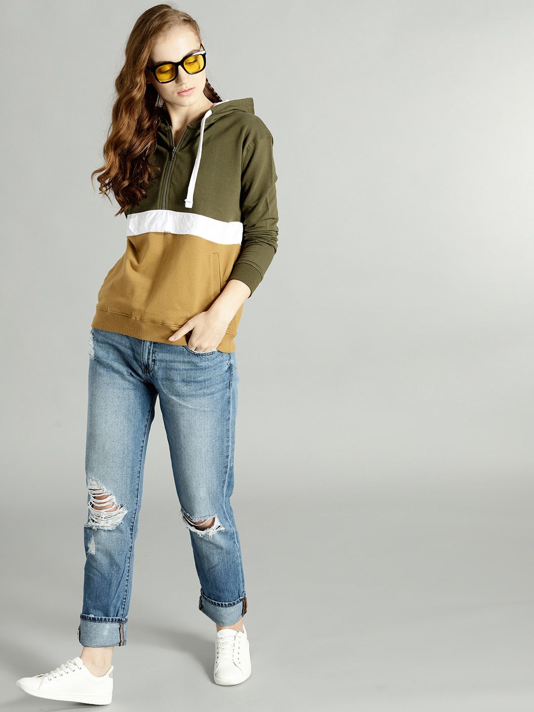 Roadster Women Olive Green & Mustard Brown Colourblocked Hooded Sweatshirt Price in India