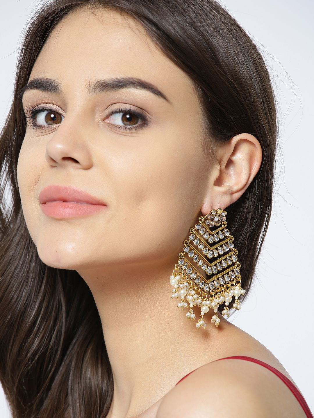 PANASH Gold-Toned & Off-White Gold-Plated Kundan Classic Drop Earrings Price in India