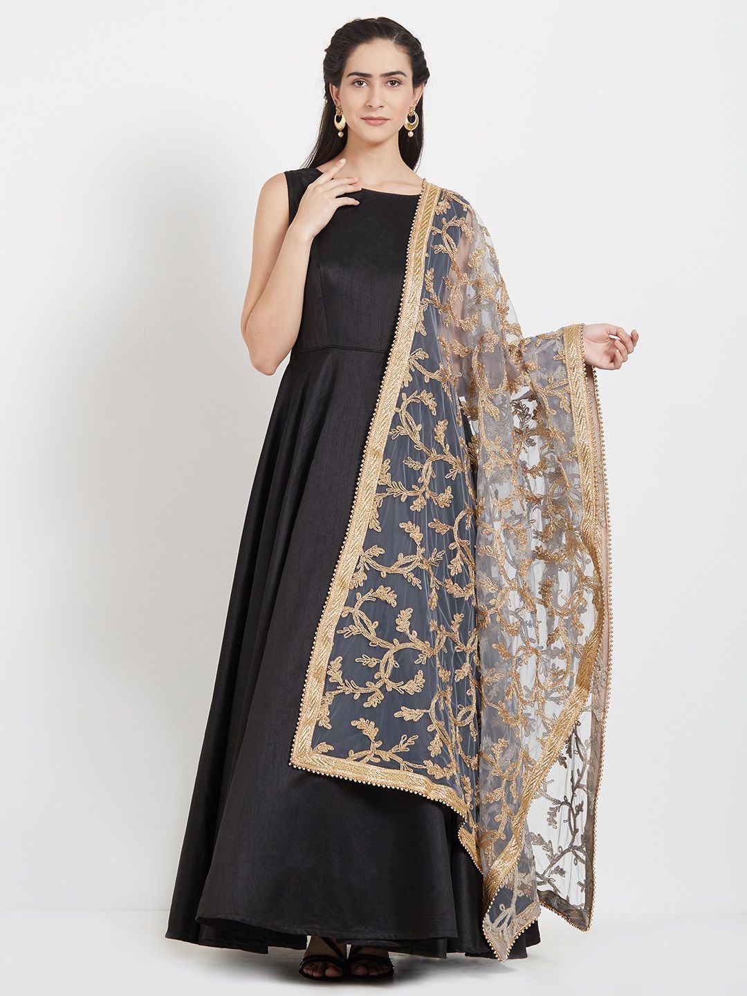 Dupatta Bazaar Grey & Gold-Toned Embroidered Dupatta