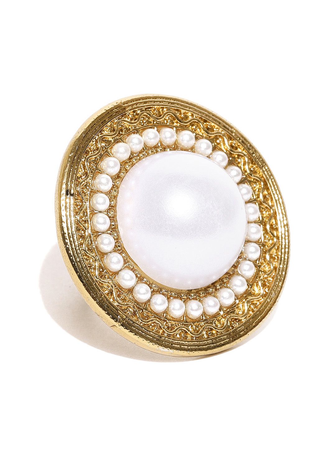 Crunchy Fashion Women Gold-Toned & White Beaded Cocktail Ring Price in India