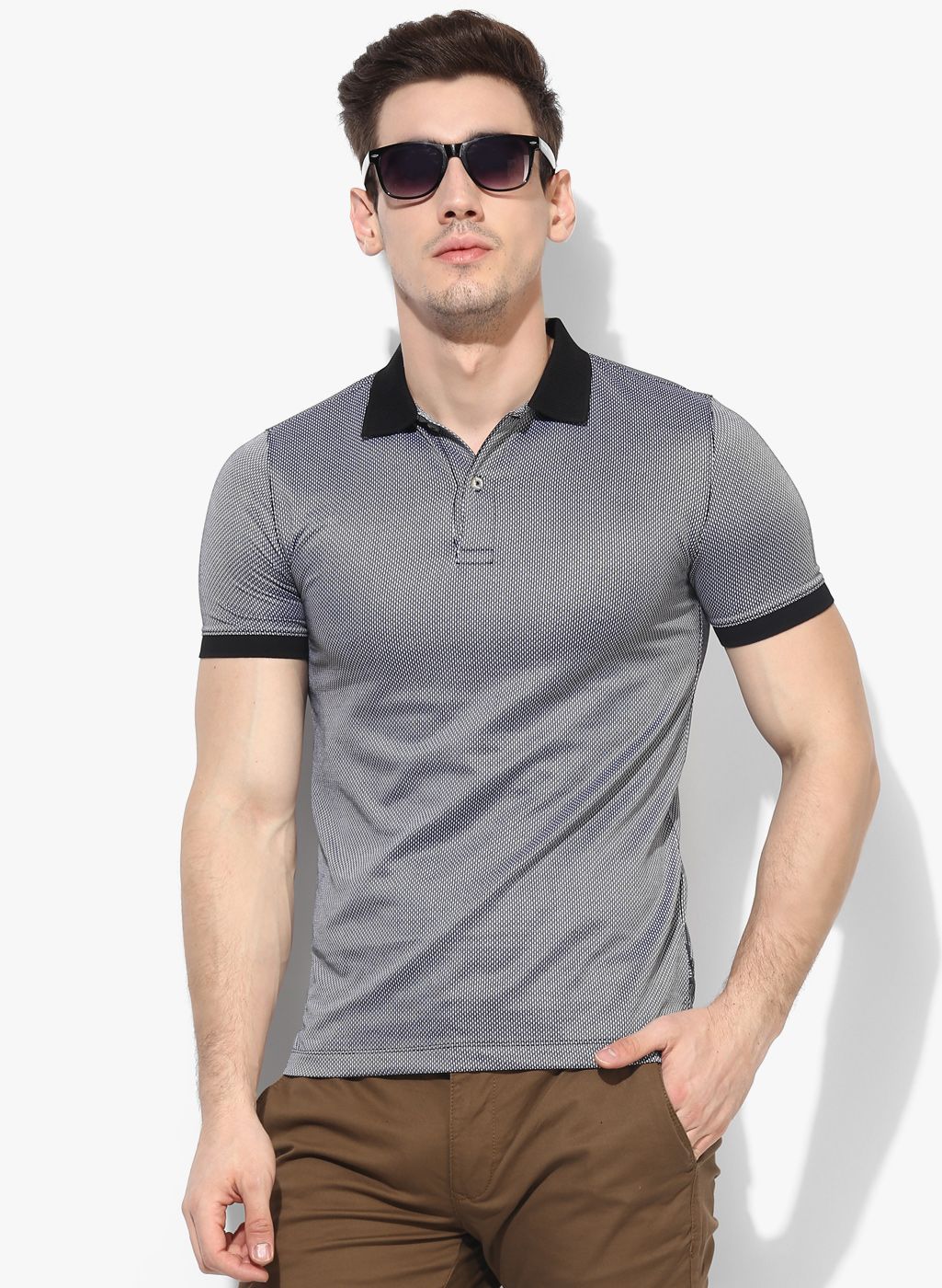 Van Heusen Black Self Design Regular Fit Polo T-shirt
