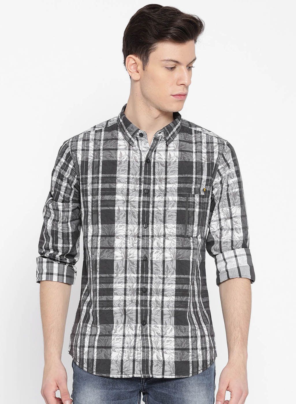 SPYKAR Charcoal Grey Checked Slim Fit Casual Shirt