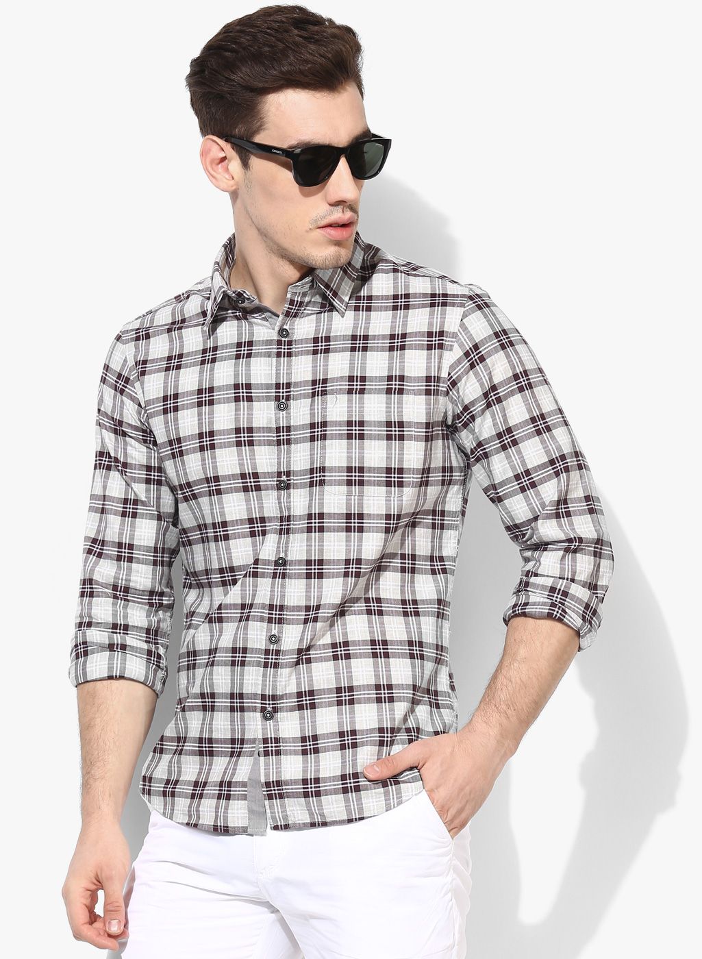 Indian Terrain Grey Checked Slim Fit Casual Shirt
