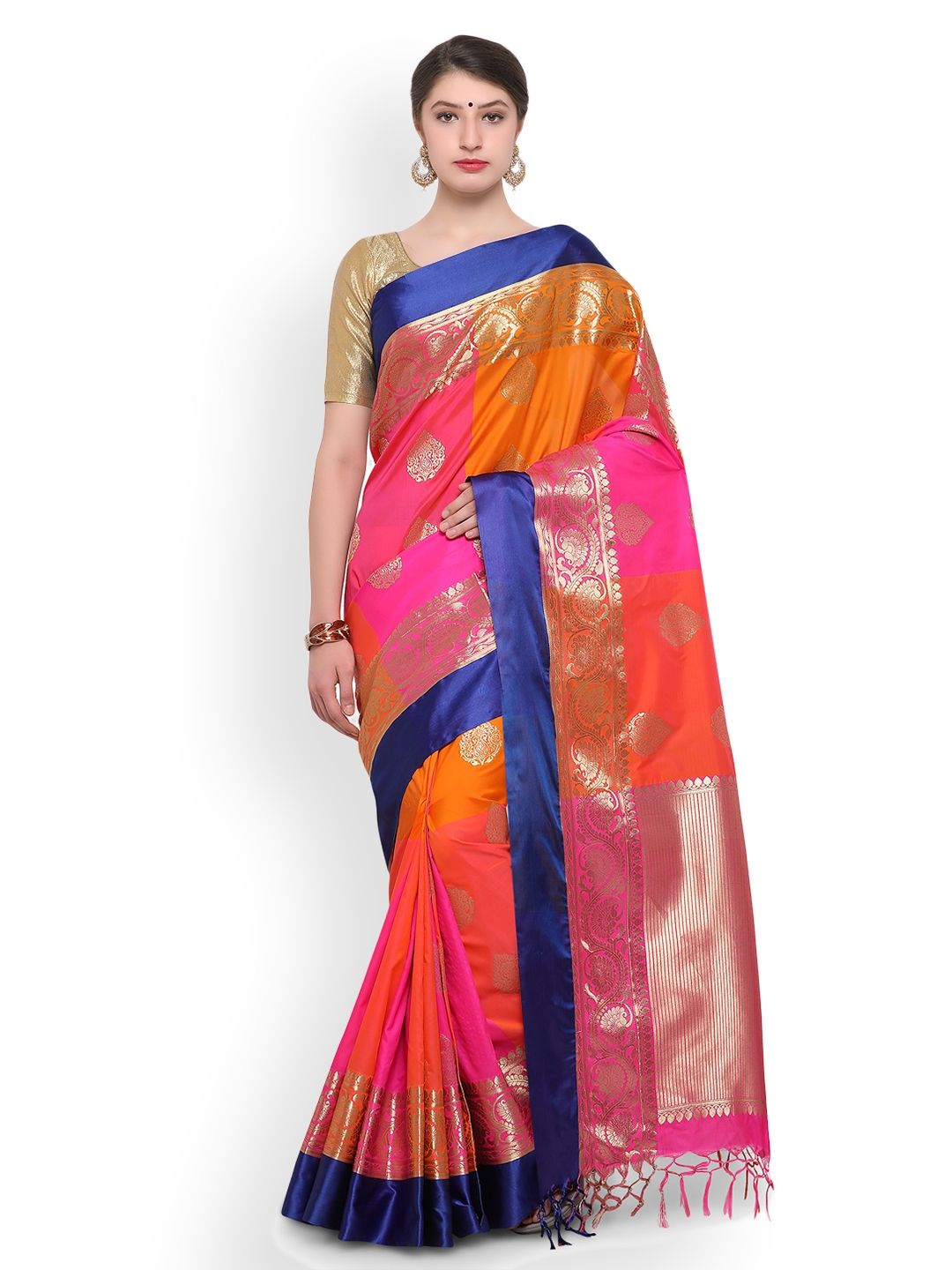 Varkala Silk Sarees Orange & Pink Silk Blend Colourblocked Kanjeevaram Saree Price in India