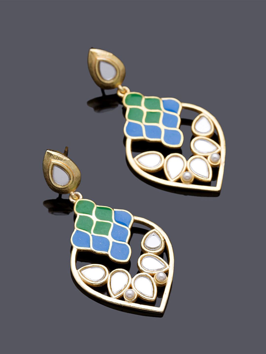 Studio Voylla Gold-Plated & Blue Leaf Shaped Drop Earrings Price in India