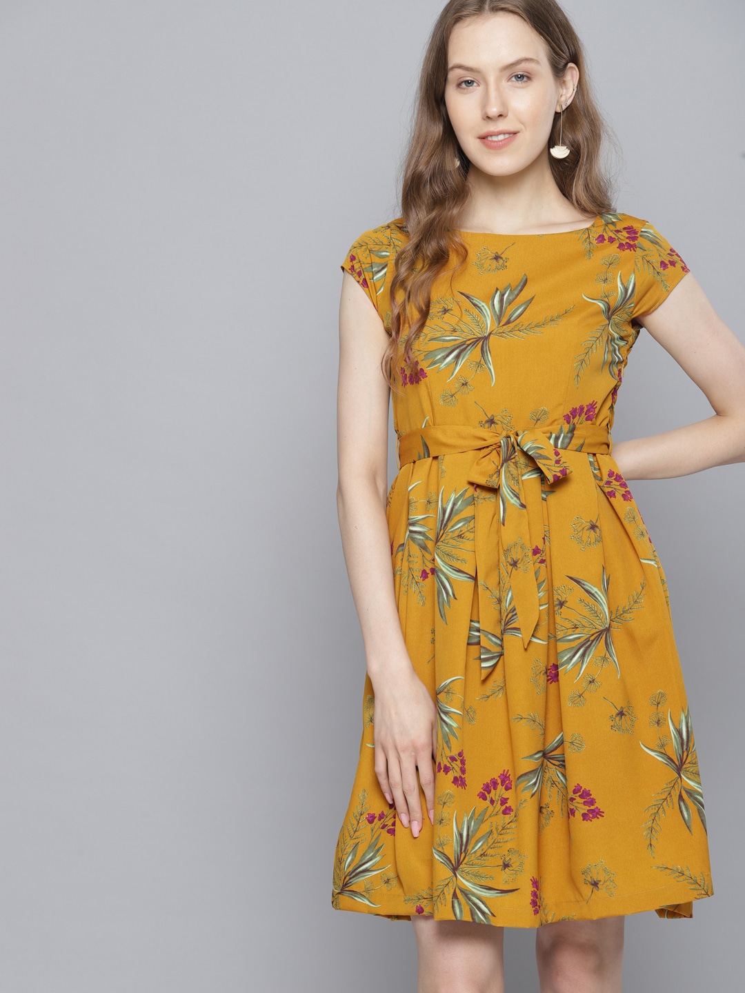 Tokyo Talkies Women Mustard Printed Fit and Flare Dress Price in India