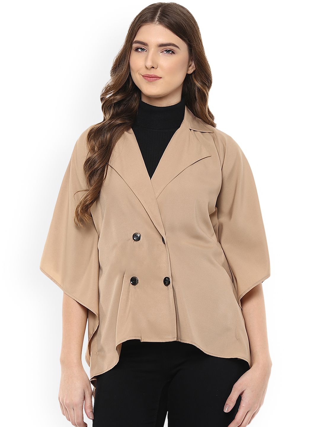 MABISH Woman Beige Slim Fit Solid Double-Breasted Casual Blazer Price in India