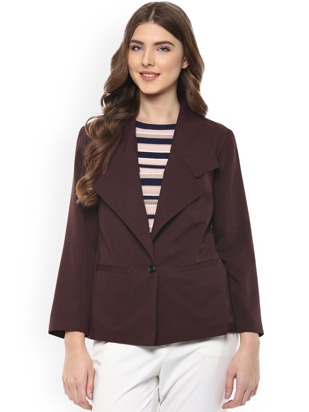 MABISH Woman Brown Slim Fit Solid Single-Breasted Smart-Casual Blazer Price in India