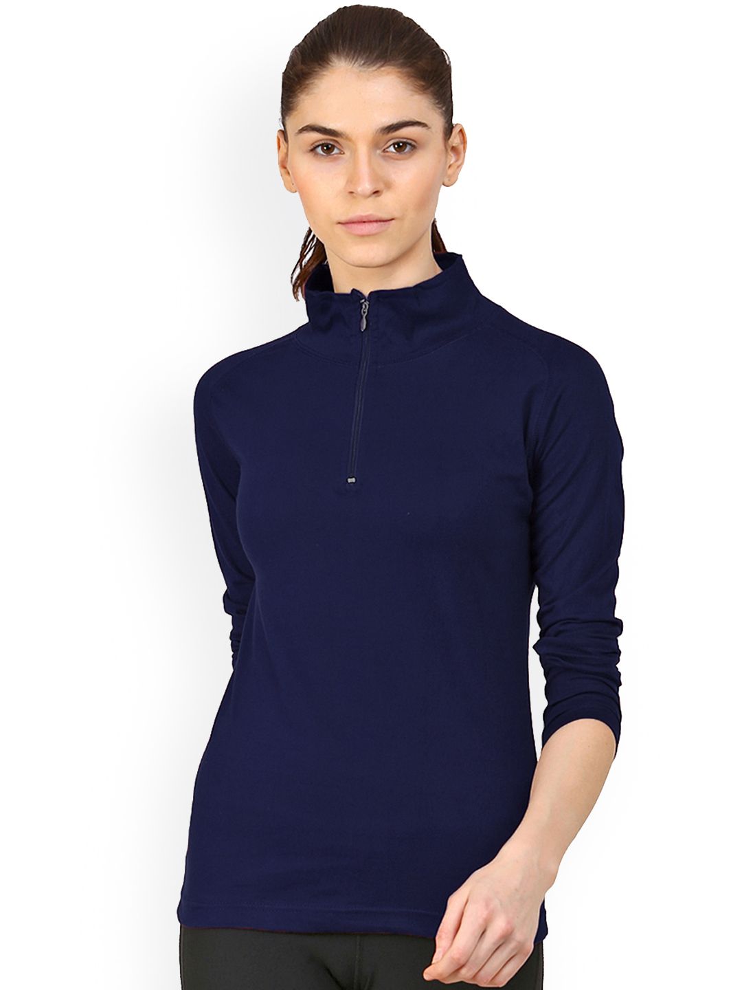 appulse Women Navy Blue Solid High Neck T-shirt Price in India