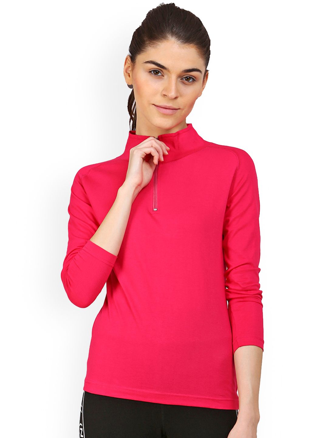 appulse Women Fuchsia Pink Solid High Neck T-shirt Price in India