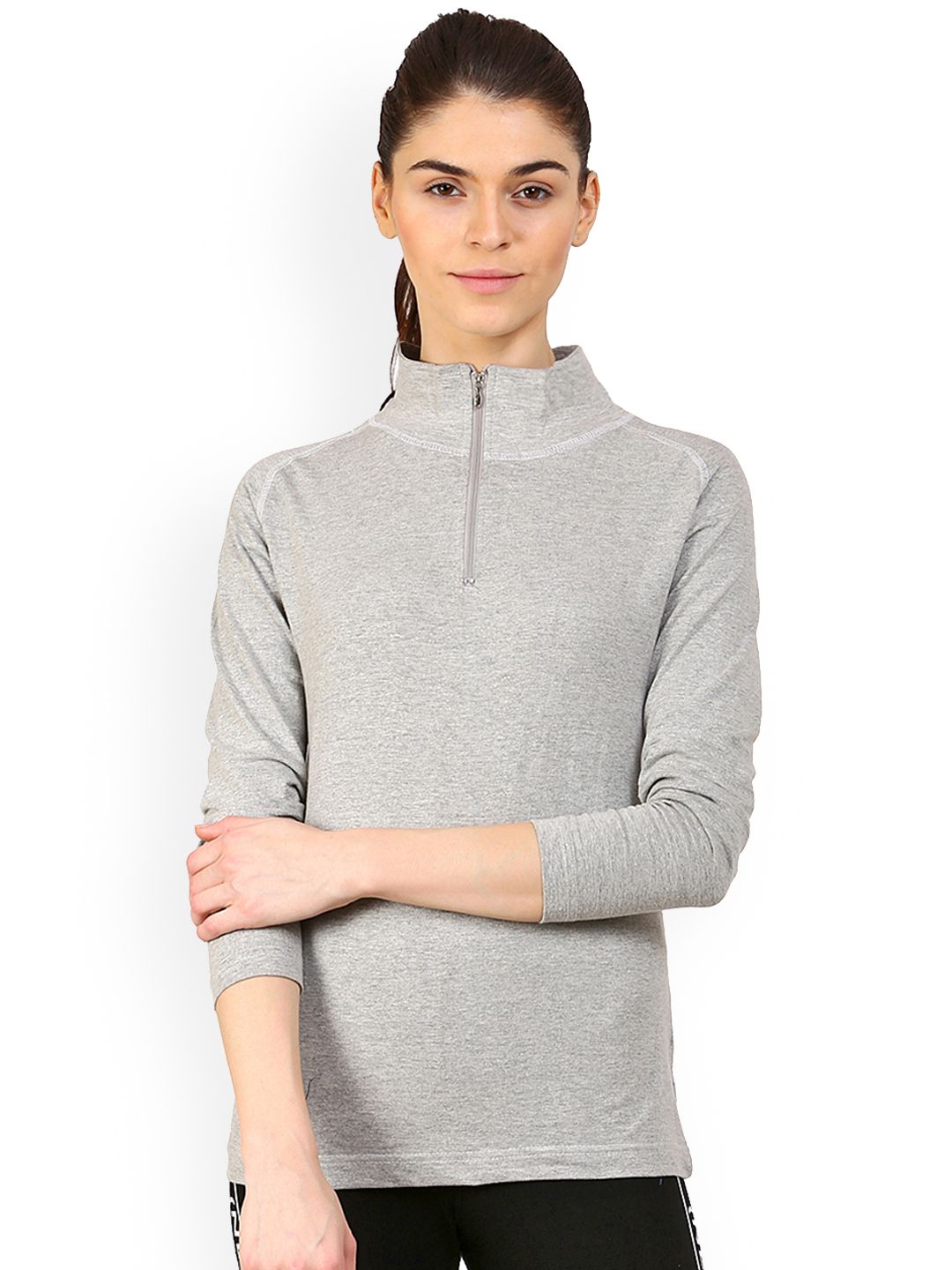 appulse Women Grey Melange Solid High Neck T-shirt Price in India