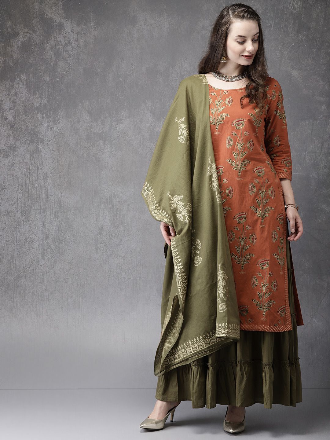 Anouk Women Rust Red & Olive Green Printed Kurta with Sharara & Dupatta Price in India