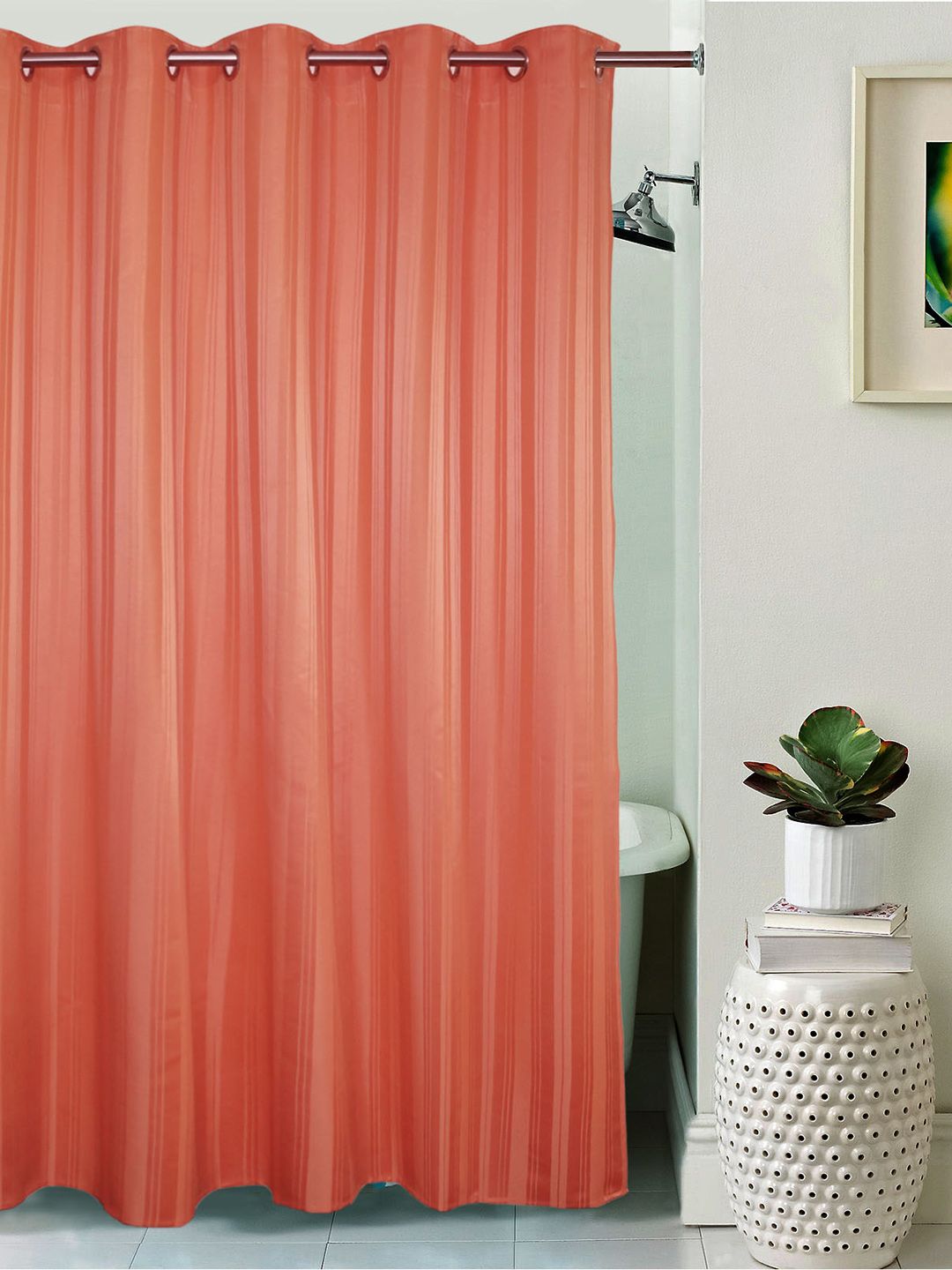 Lushomes Peach-Coloured Striped Shower Curtain Price in India