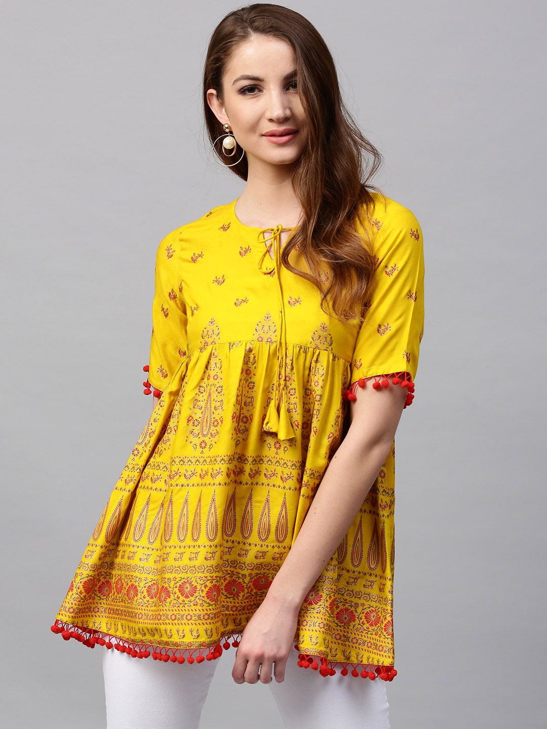 GERUA Mustard Yellow & Red Empire A-Line Pure Cotton Kurti Price in India