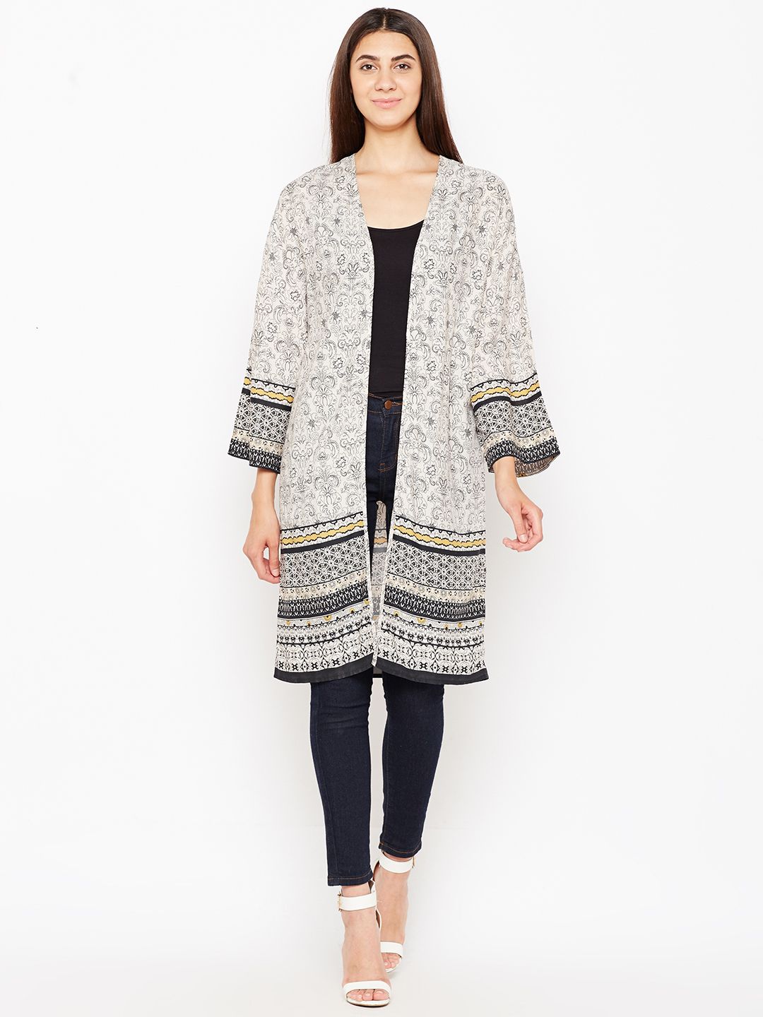 Oxolloxo Off-White Printed Open Front Shrug Price in India