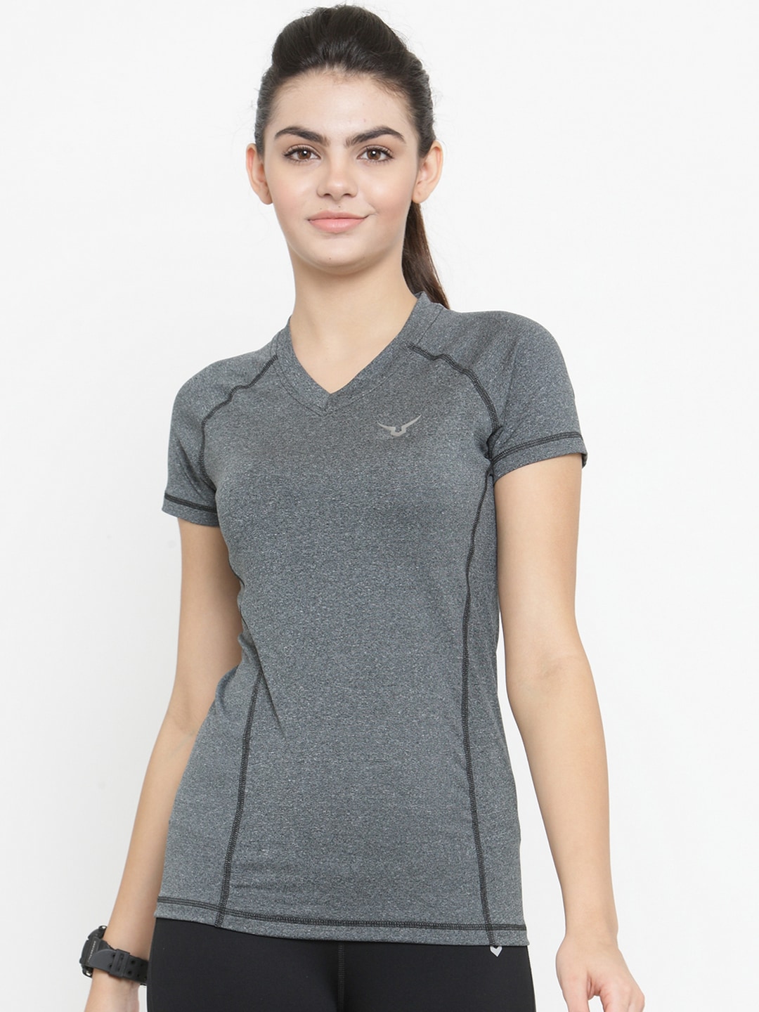 Invincible Women Grey Solid V-Neck T-shirt