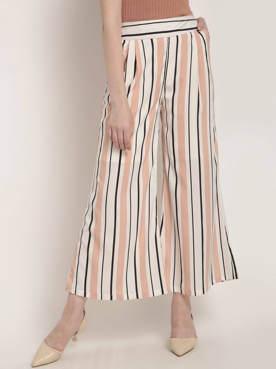 RARE Women White & Peach-Coloured Regular Fit Striped Culottes Price in India