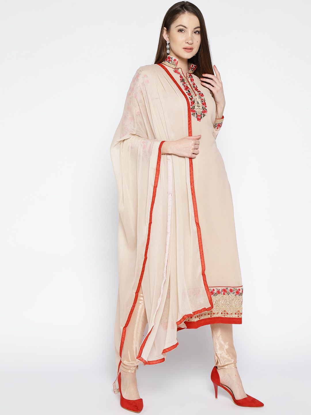 mf Beige Embroidered Unstitched Dress Material Price in India