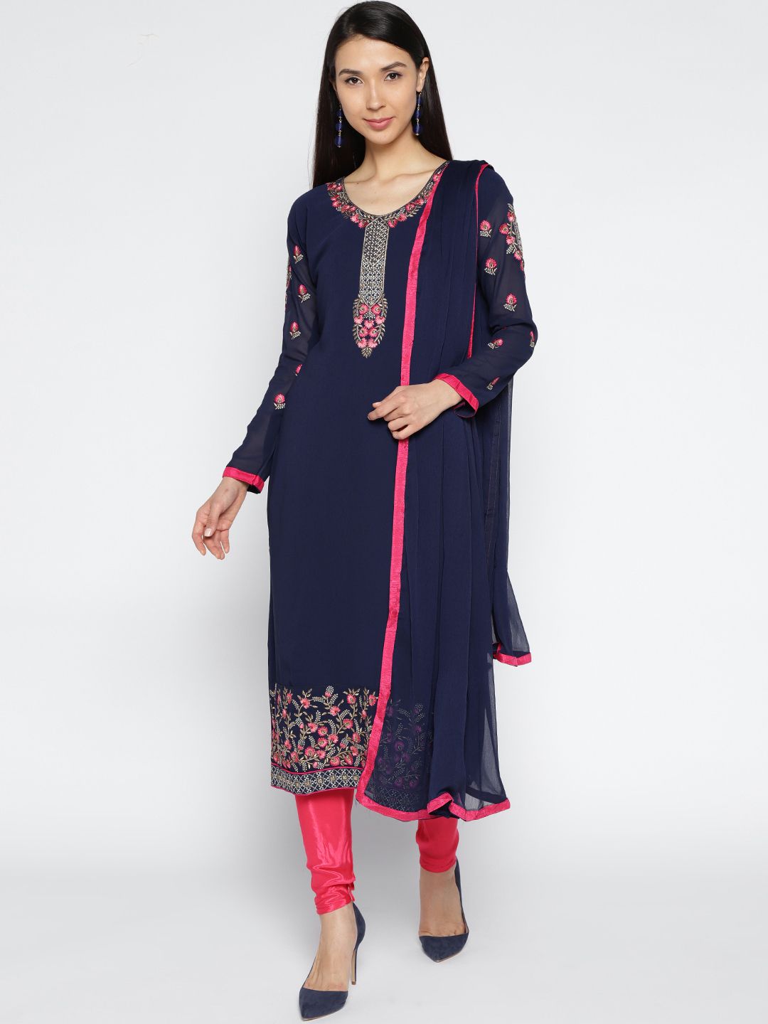 mf Navy Blue & Pink Pure Cotton Unstitched Dress Material Price in India